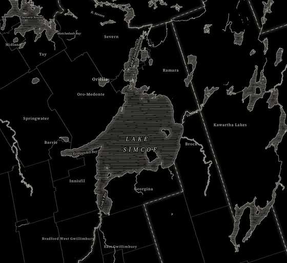 Map of Lake Simcoe and Lake Couchiching with today’s municipal boundaries, drawn in the manner of an engraved survey. A red mark shows Orillia at the Narrows, where the two lakes meet.
